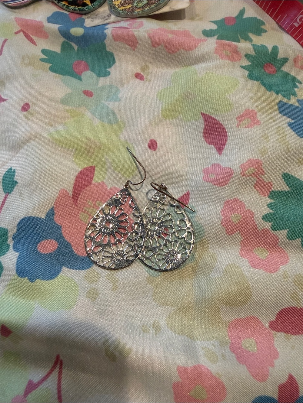 Silver Floral Filigree Teardrop Earrings - Silver
